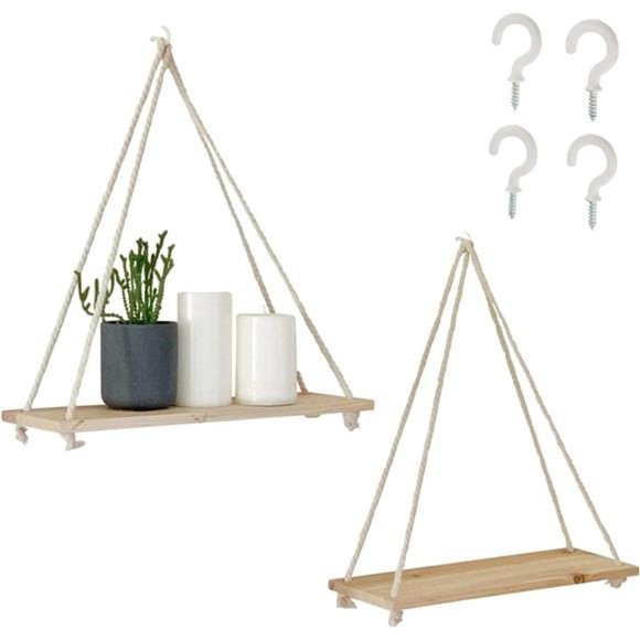 Hanging Shelves for Wall [Set of 2 w/ Hooks] Floating Shelves,Macrame Rope Shelf - Picture 1 of 6
